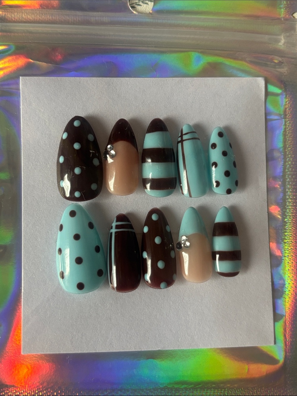 Custom Brown Light Blue Press-ons Nails Almond Polka Dots Stripes Medium W/teens